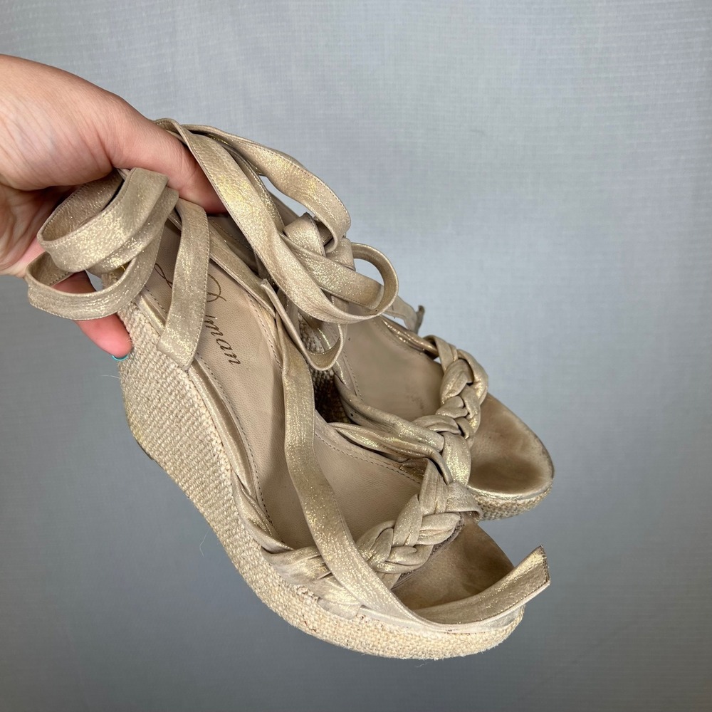 Delman Womens Gold Metallic Braided Espadrille Wedge Ankle Tie Sandals Size 6.5M